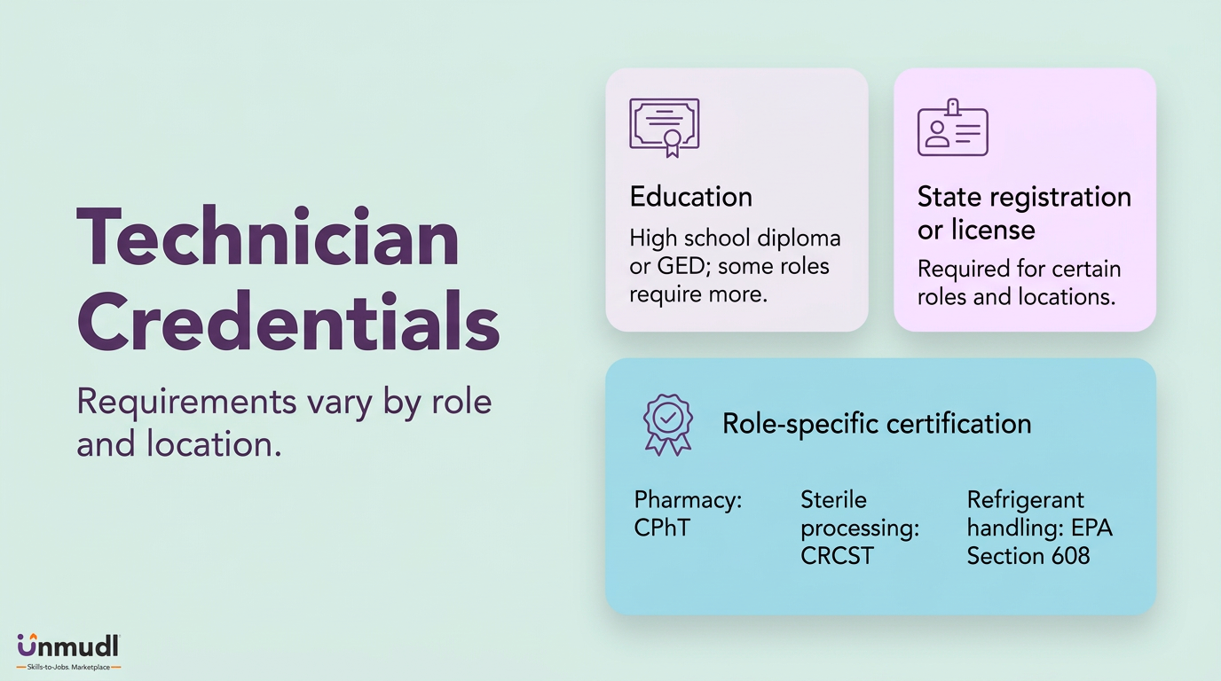Technician credentials including education, state registration or licensure, and role-specific certifications