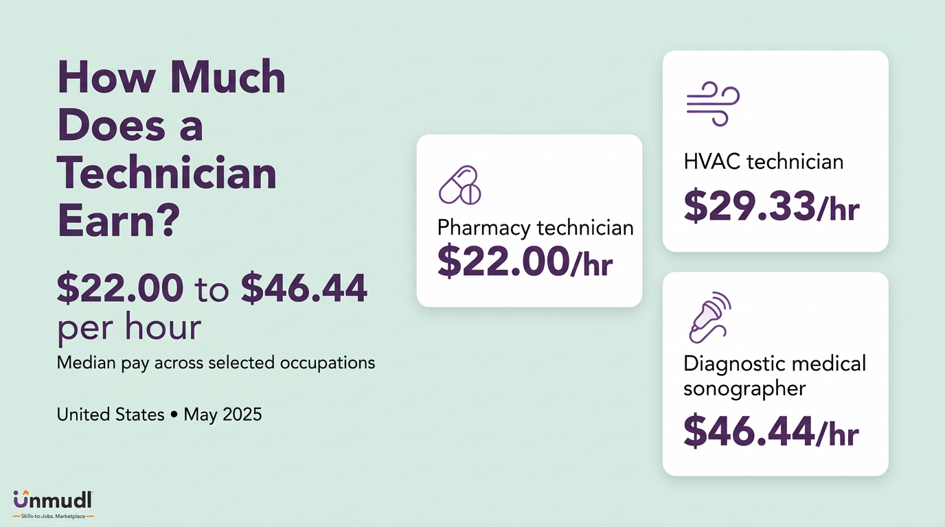 Technician hourly median pay examples for pharmacy, HVAC, and diagnostic medical sonography