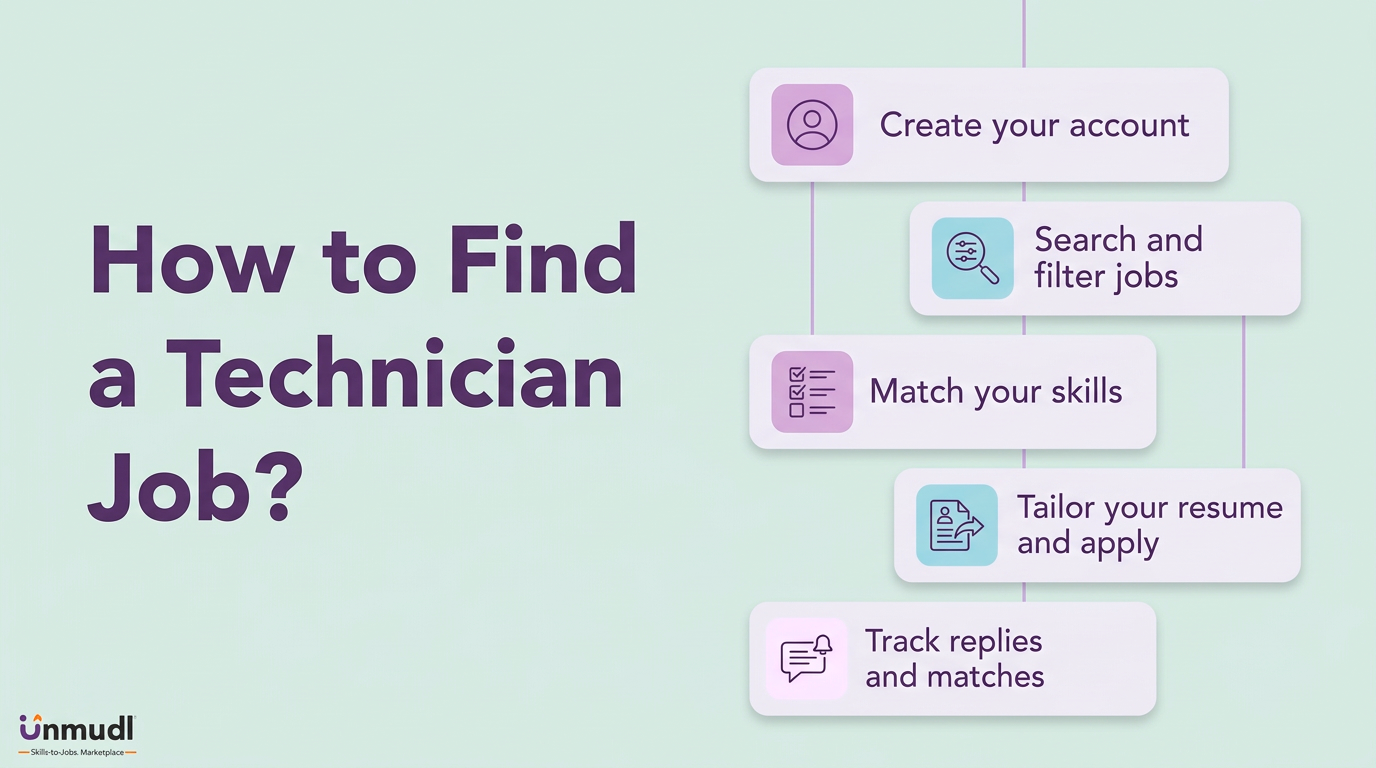 Steps to find a technician job: create an account, search and filter jobs, match skills, tailor a resume and apply, and track replies