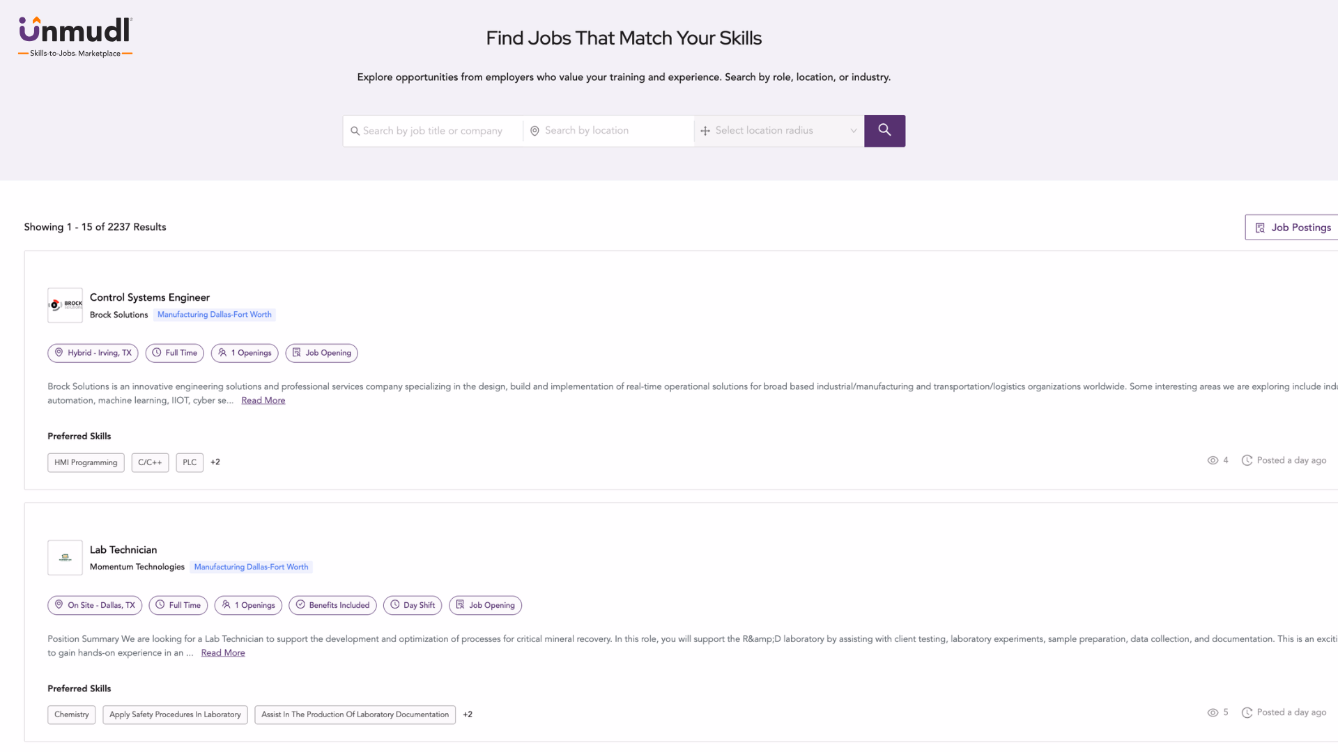 Unmudl job board with job-title and location search fields and technician job listings