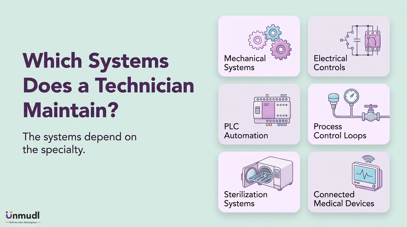 Six systems technicians maintain: mechanical, electrical controls, PLC automation, process control, sterilization, and connected medical devices