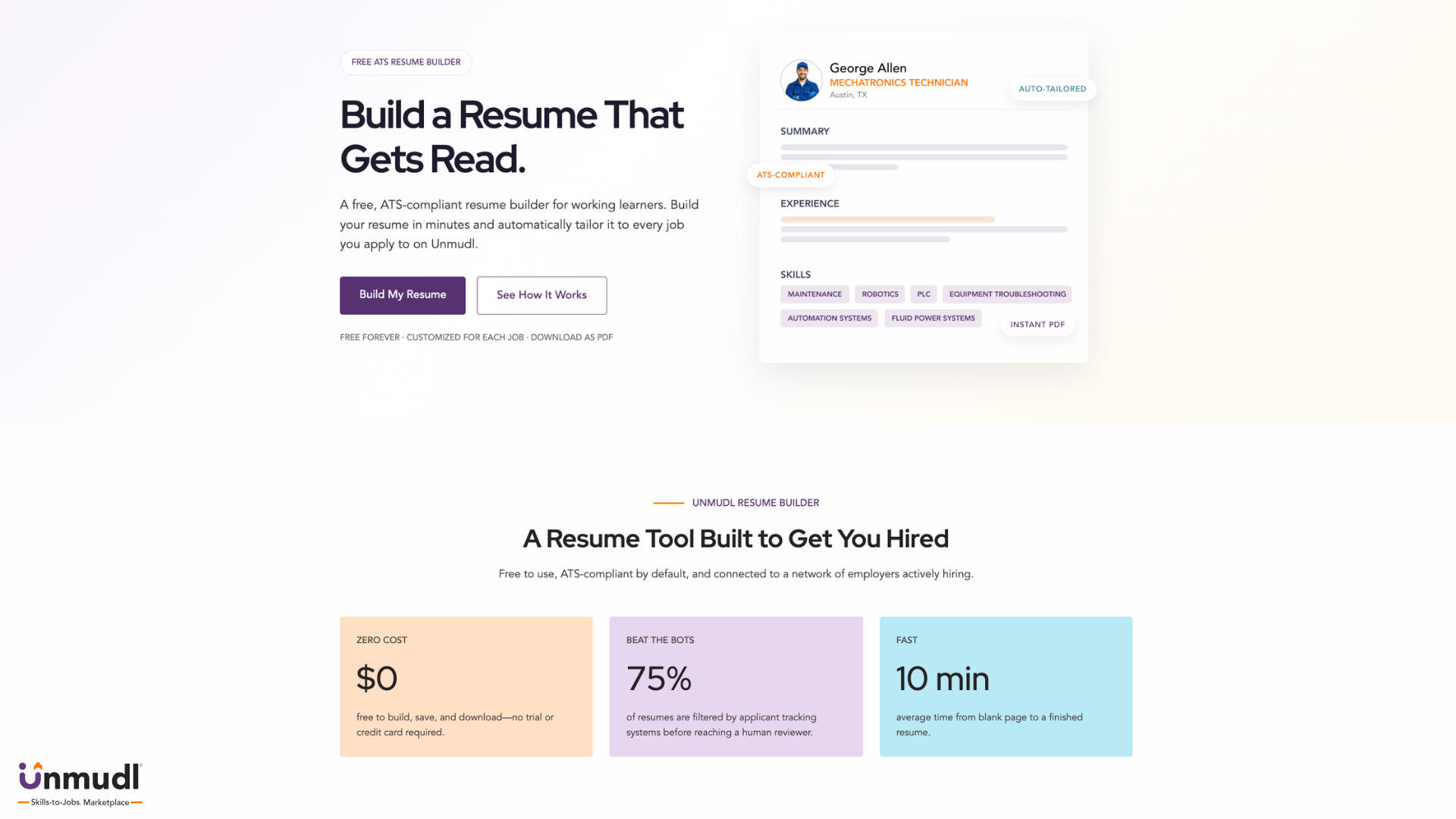 Unmudl resume builder page with Build My Resume and See How It Works options