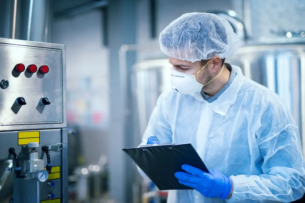 A person in protective gear checks equipment readings on a clipboard in a sterile laboratory filled with stainless steel machinery.