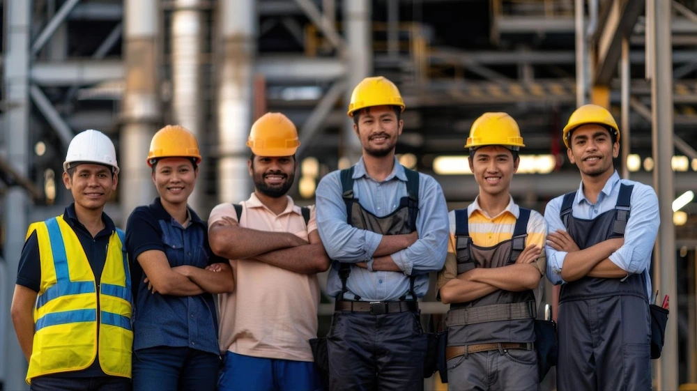 A group of six construction workers stands confidently in a factory setting, wearing safety helmets and work attire.