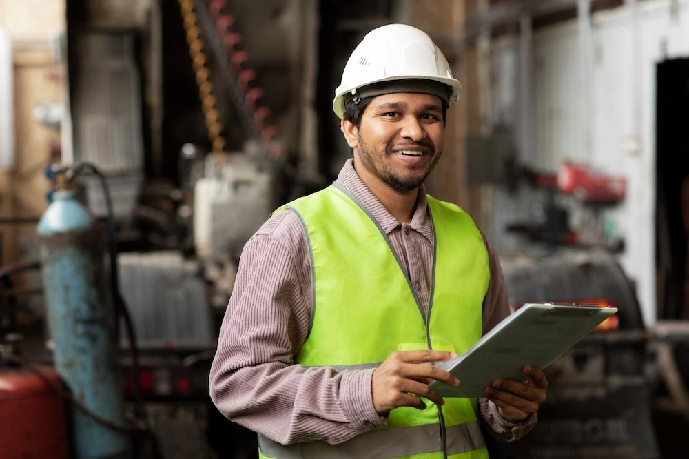 A construction worker in a hard hat and vest is using a tablet, engaged in a task on a job site.
