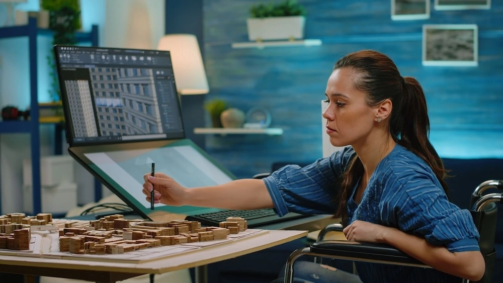 A woman in a wheelchair is focused on working at her computer, demonstrating accessibility in a professional setting.