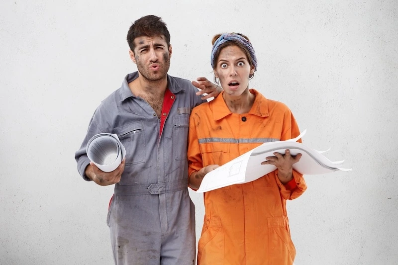 Two workers in bright orange overalls are holding documents, suggesting a collaborative task or project discussion.