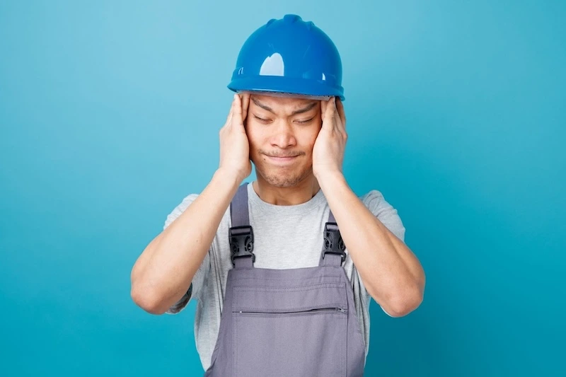 A man with a hard hat is holding his head, standing against a blue wall.