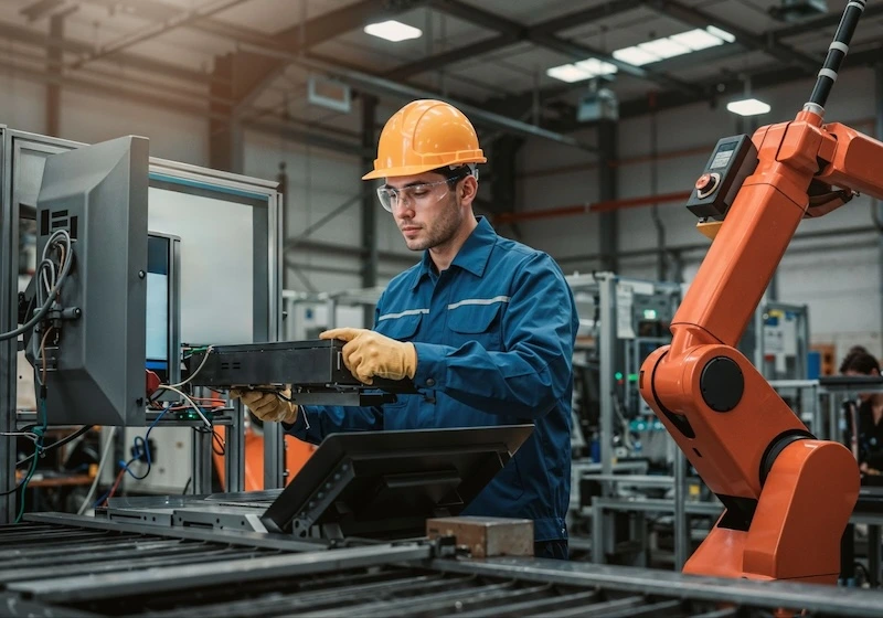A man wearing a hard hat and a blue jumpsuit is holding a black object in an industrial setting.