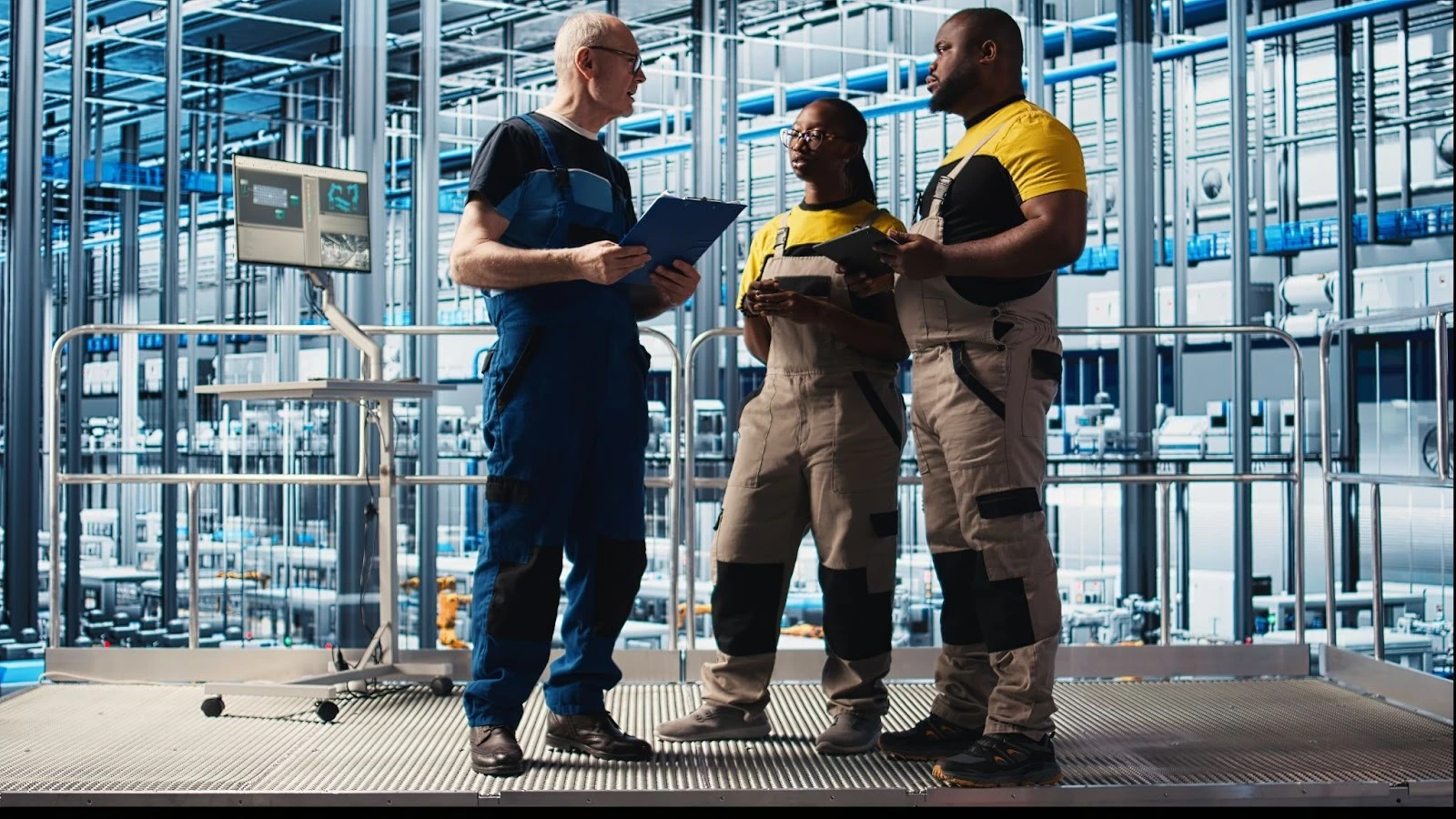 Three factory workers in uniforms discuss with a clipboard and tablet in a high-tech industrial setting, conveying teamwork and collaboration.
