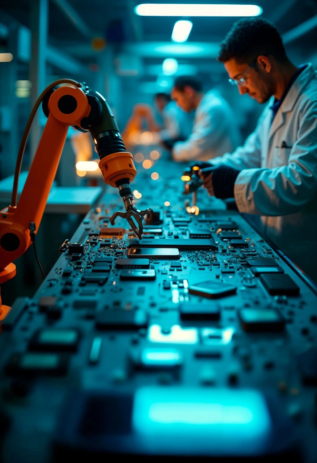 Robotic arm assembling circuit boards on a conveyor belt in a factory. Technicians in lab coats work diligently, creating a focused, high-tech atmosphere.