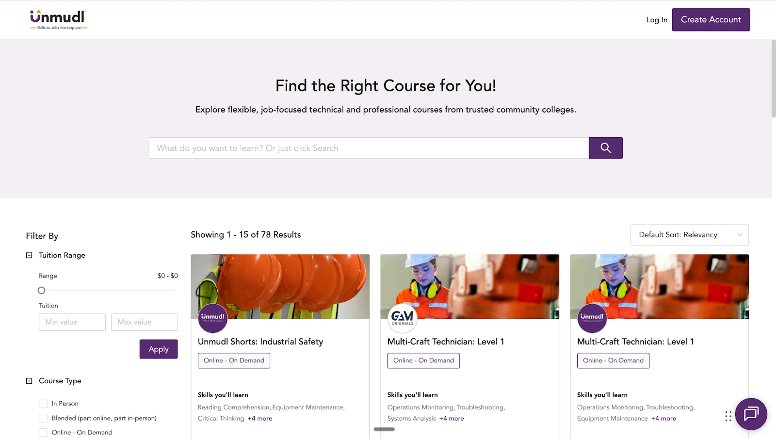 Online course platform homepage with search bar. Filters for tuition range and course type. Course cards below show training options like industrial safety.
