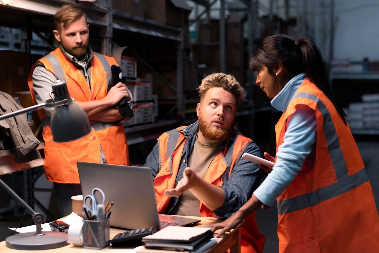 Three warehouse workers in orange safety vests discuss around a desk with a laptop and papers. Their expressions are serious, indicating a problem-solving focus.