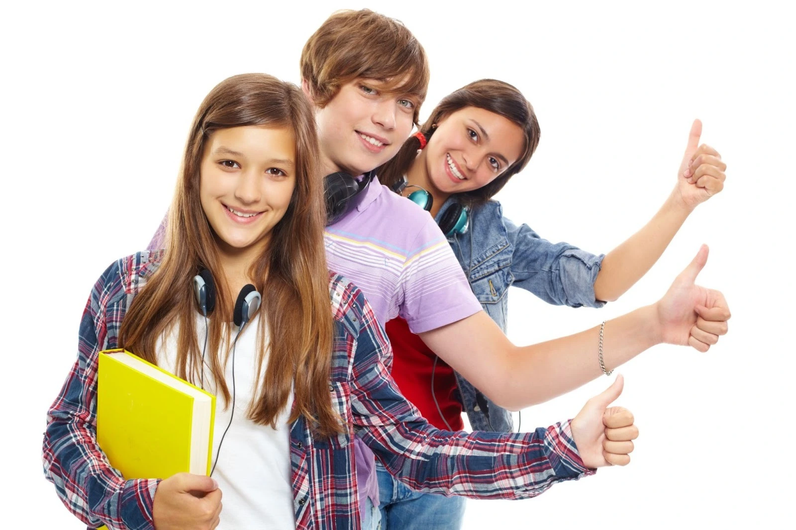 Three smiling teenagers stand in a line, giving thumbs up. The front girl holds a yellow book, and all wear casual clothes and headphones, conveying positivity.