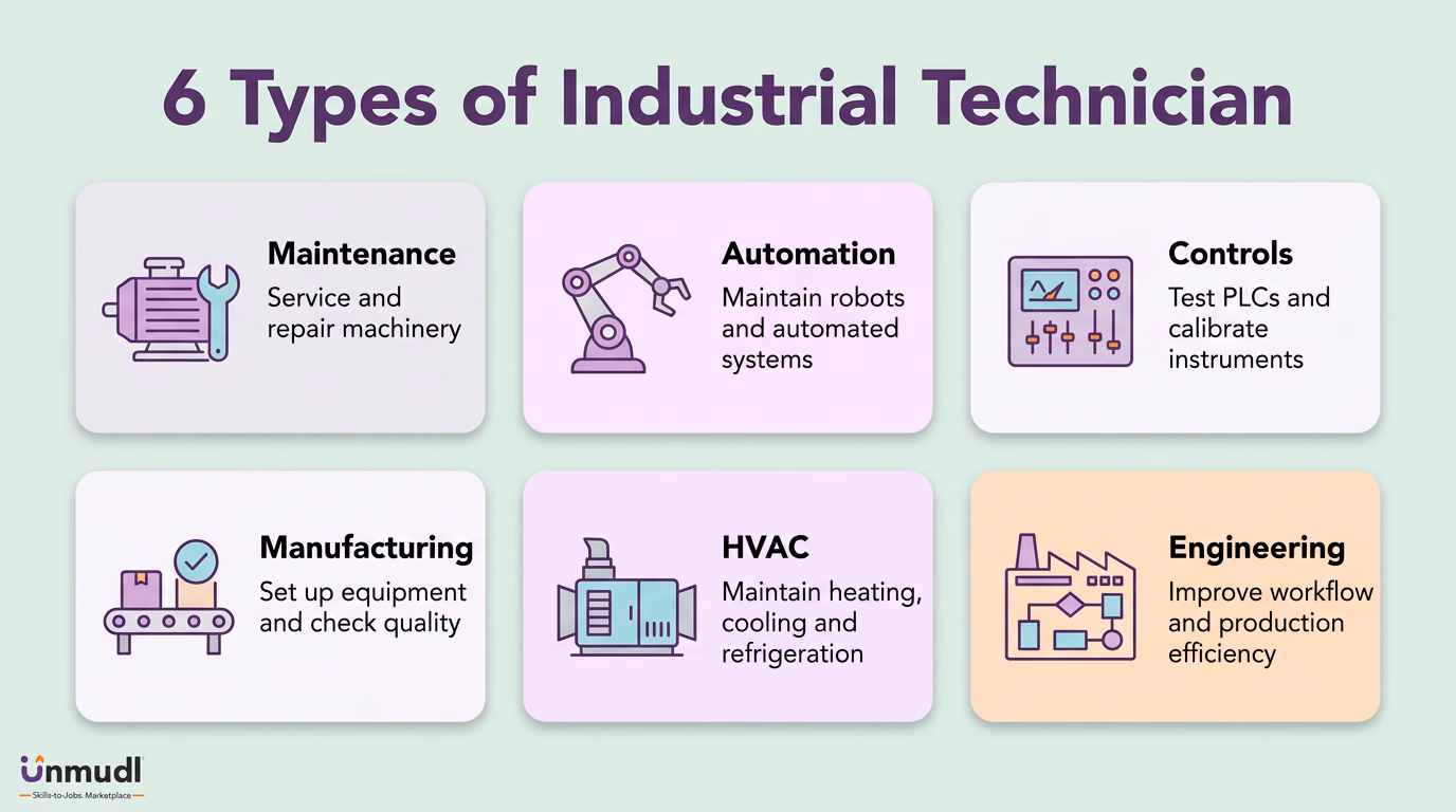 Six industrial technician types: maintenance, automation, controls, manufacturing, HVAC and engineering