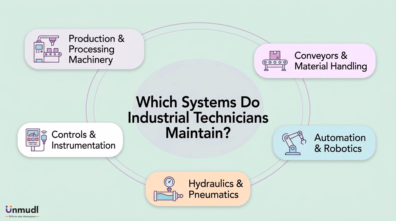 Five systems maintained by industrial technicians, including machinery, conveyors, robotics, fluid power and instrumentation
