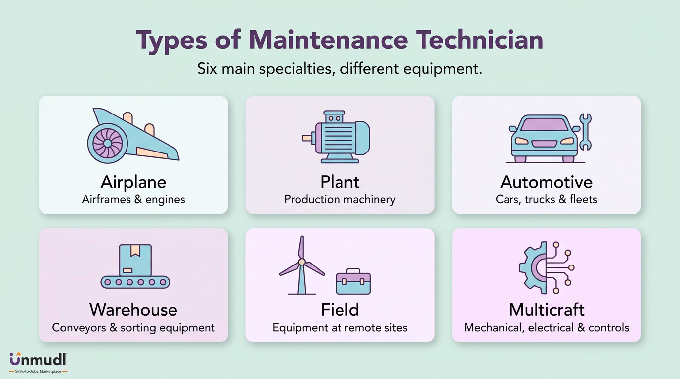 Six maintenance technician specialties: airplane, plant, automotive, warehouse, field and multicraft