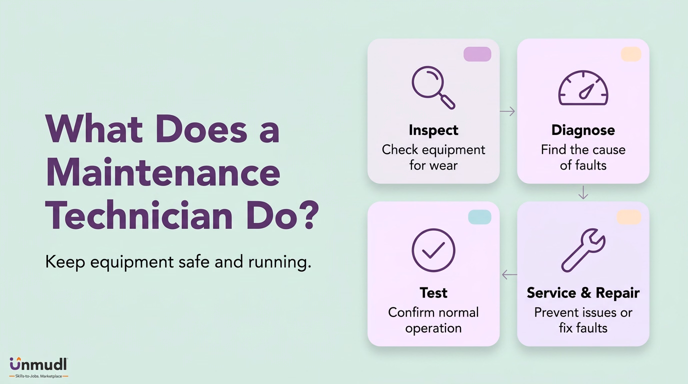 Maintenance technician workflow: inspect equipment, diagnose faults, service and repair, then test operation
