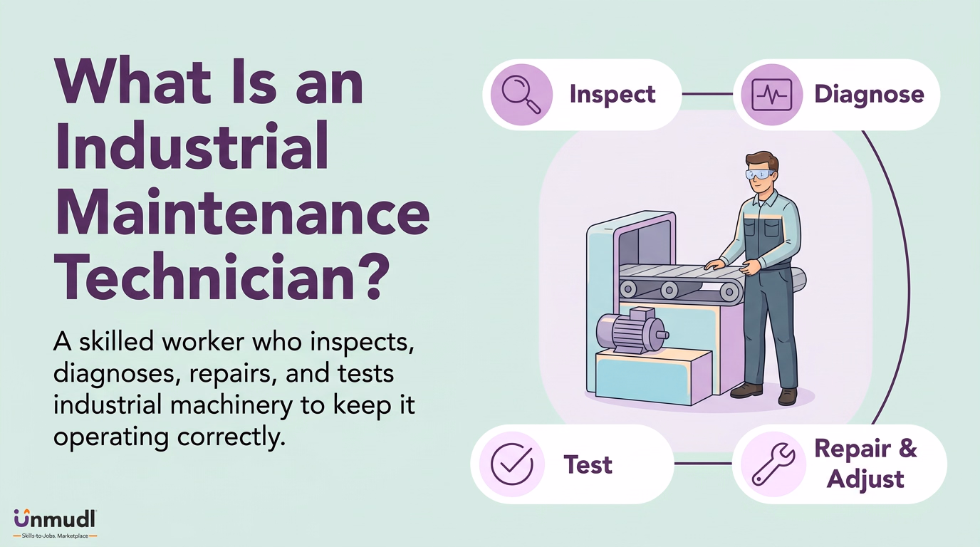 Industrial maintenance technician inspecting, diagnosing, repairing and testing industrial machinery