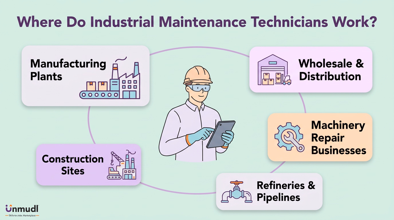 Industrial maintenance workplaces including manufacturing plants, distribution, machinery repair, construction and refineries