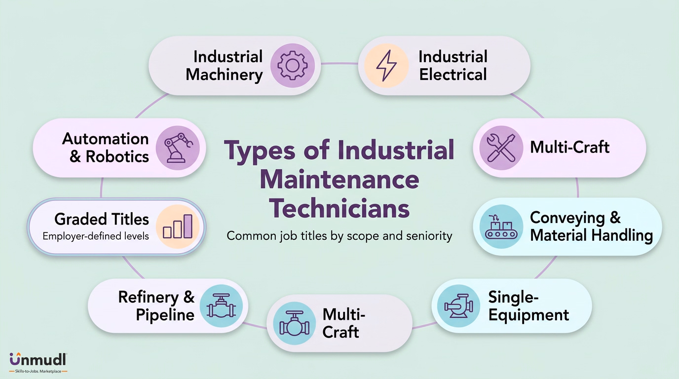 Industrial maintenance technician types grouped by machinery, electrical, automation, multicraft, material handling and equipment scope
