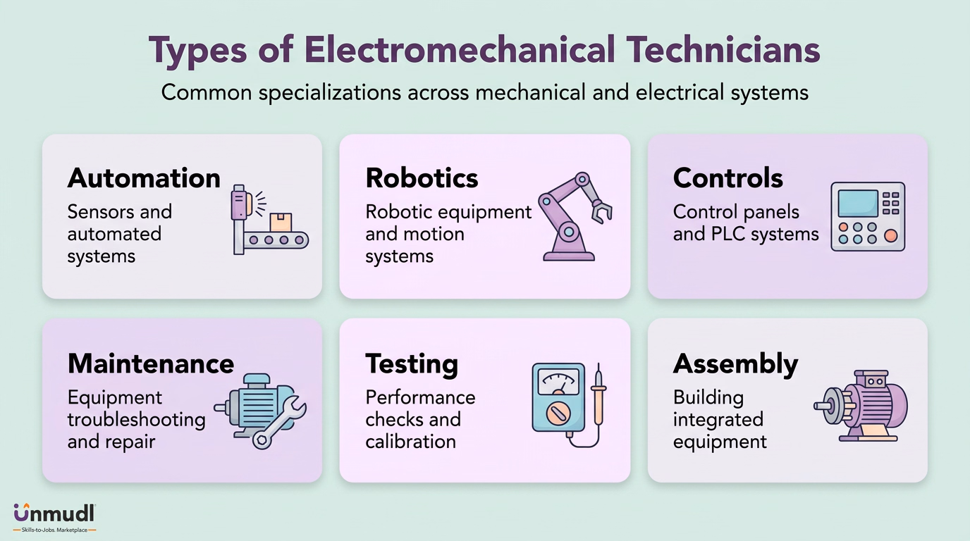 Seven electro-mechanical technician specialties: maintenance, industrial, assembly, testing, field service, PLC and robotics