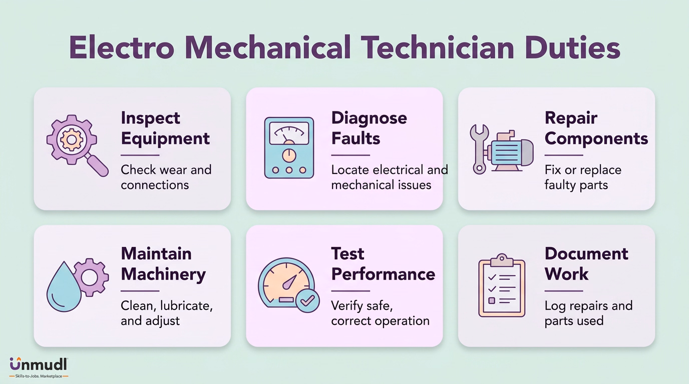 Electro-mechanical technician duties covering diagrams, installation, testing, calibration, troubleshooting, repairs and documentation