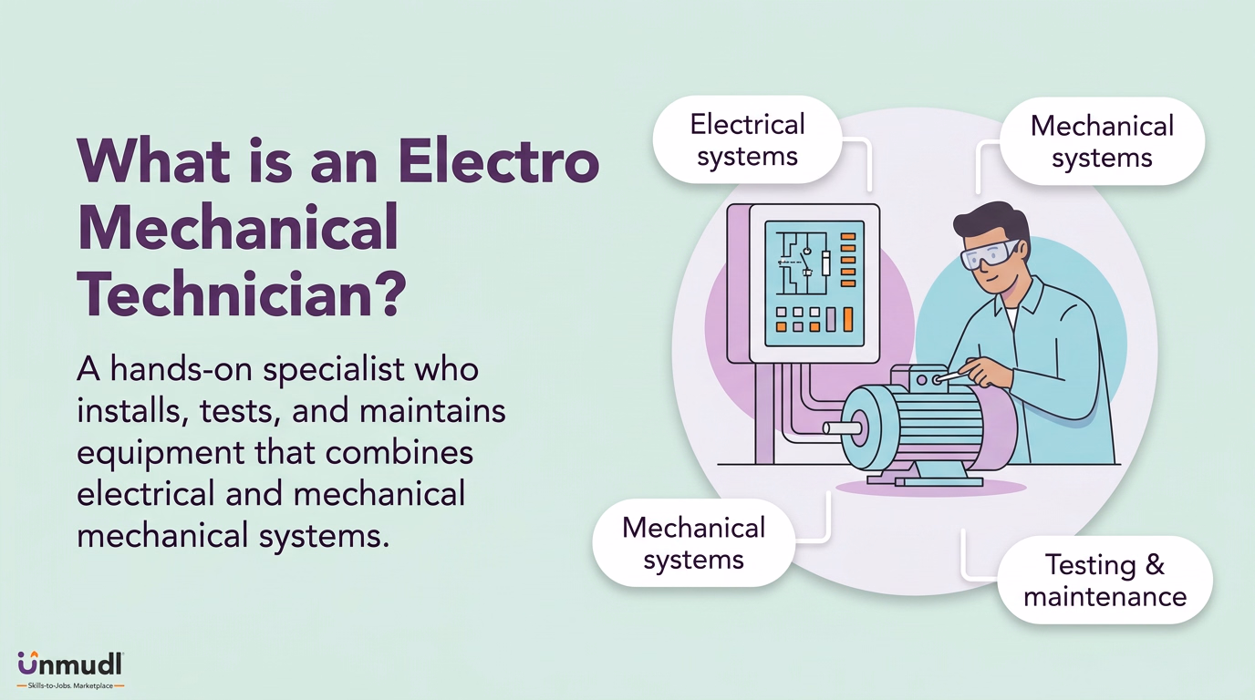 Electro-mechanical technician combining mechanical technology with electrical and electronic circuitry to install, operate, test, maintain and repair equipment