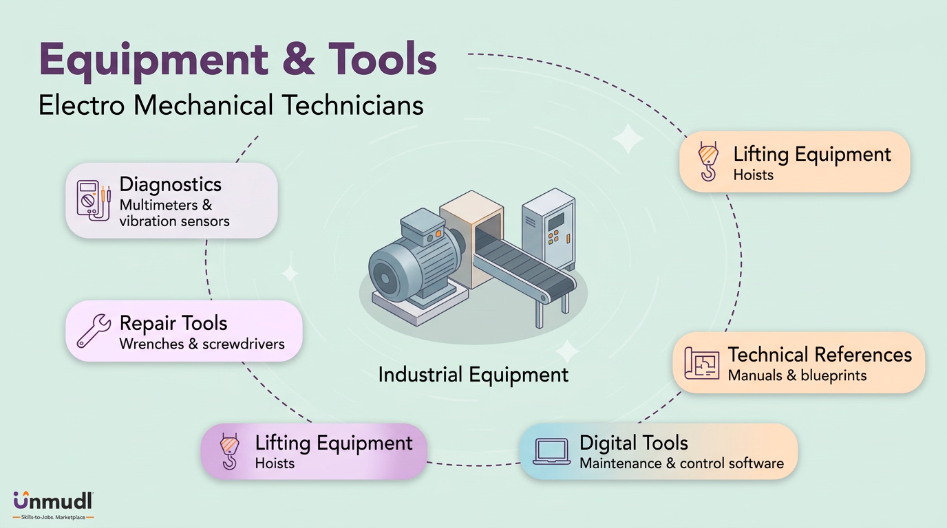 Electro-mechanical tools including oscilloscopes, digital multimeters, soldering equipment, hand tools, precision instruments and diagnostic software