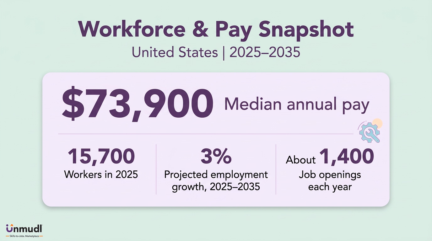 Mechatronics workforce and pay snapshot showing median annual pay, employment, projected growth and annual job openings