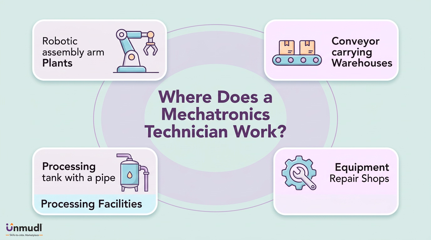 Mechatronics technician work settings including plants, warehouses, processing facilities and equipment repair shops