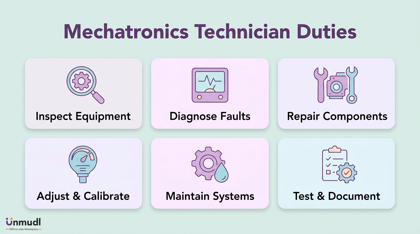Six mechatronics duties: inspect equipment, diagnose faults, repair components, adjust and calibrate, maintain systems, and test and document