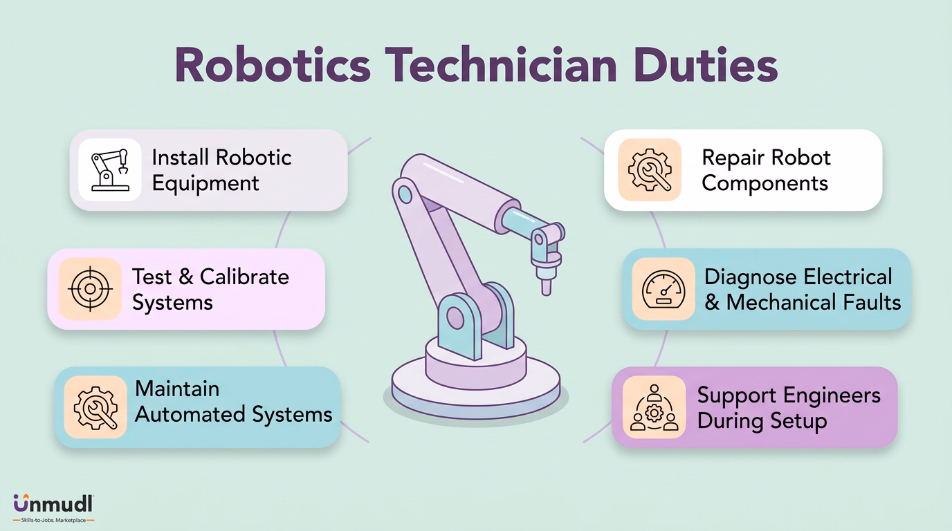 Robotics technician duties covering installation, testing, calibration, maintenance, repairs, diagnosis and engineering setup support