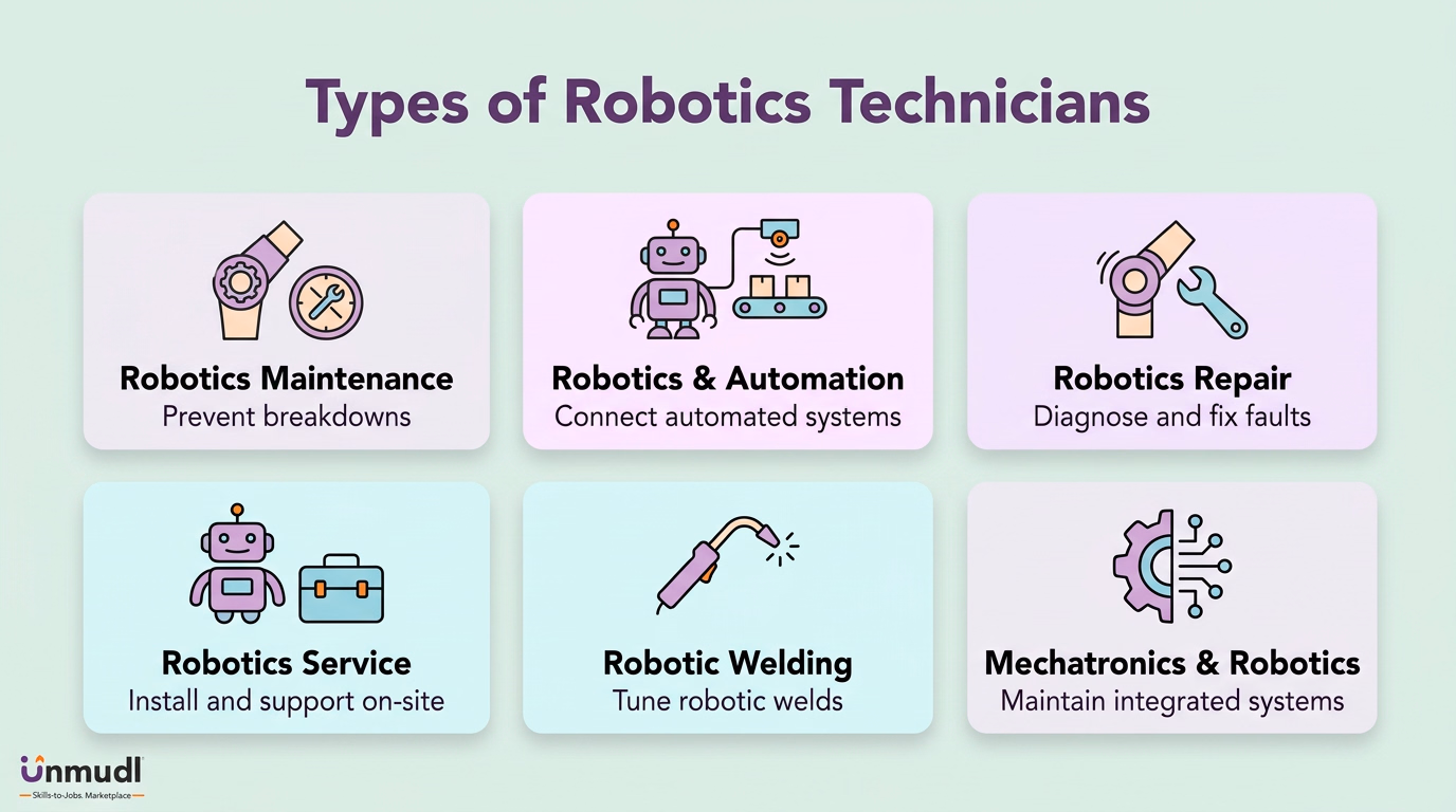 Six robotics technician specialties: maintenance, automation, repair, service, robotic welding, and mechatronics and robotics