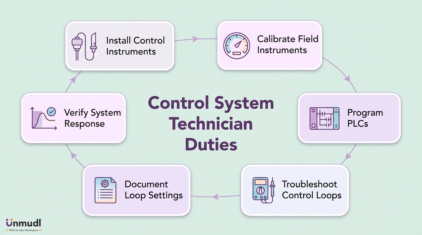Control system technician duties covering instrument installation and calibration, PLC programming, loop troubleshooting, documentation and response verification