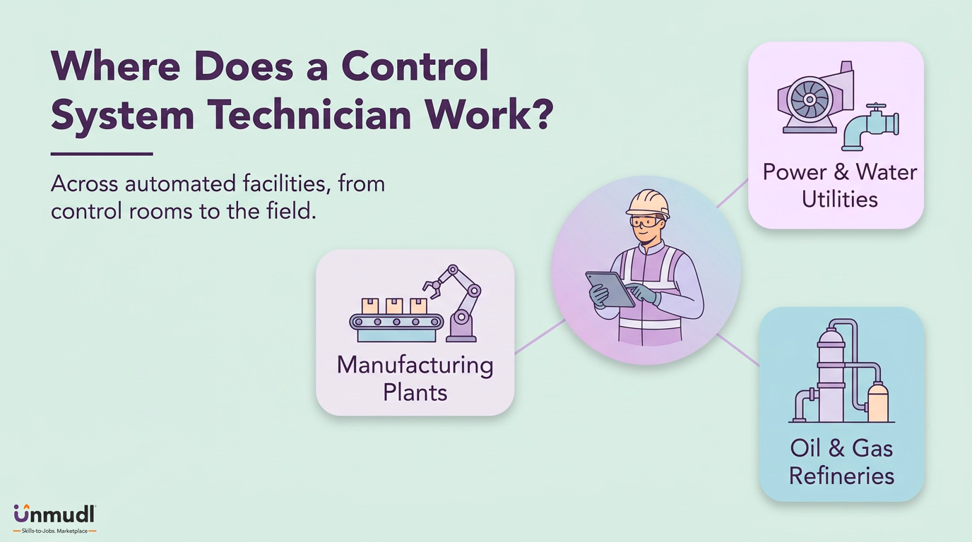 Control system technician workplaces: manufacturing plants, power and water utilities, and oil and gas refineries