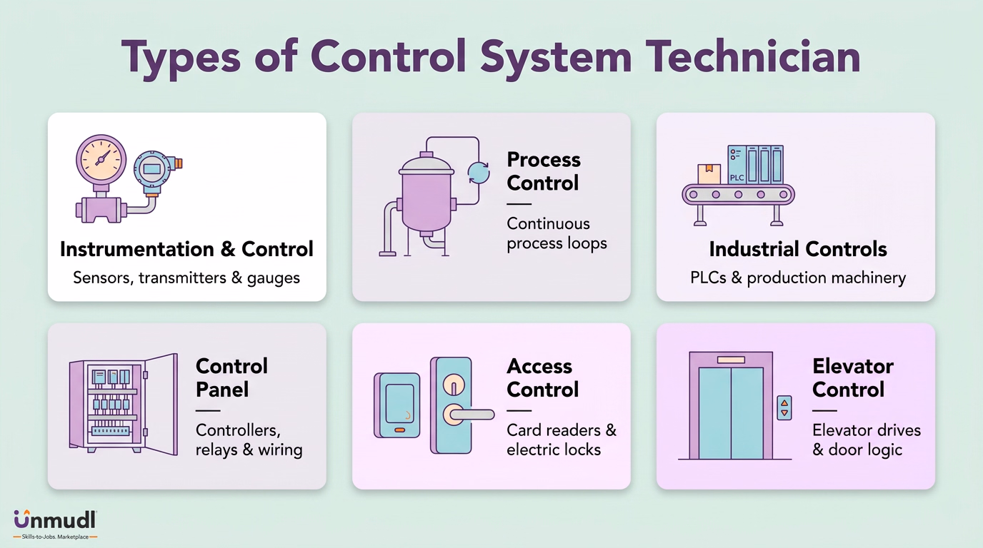 Six control system technician types: instrumentation and control, process control, industrial controls, control panel, access control and elevator control