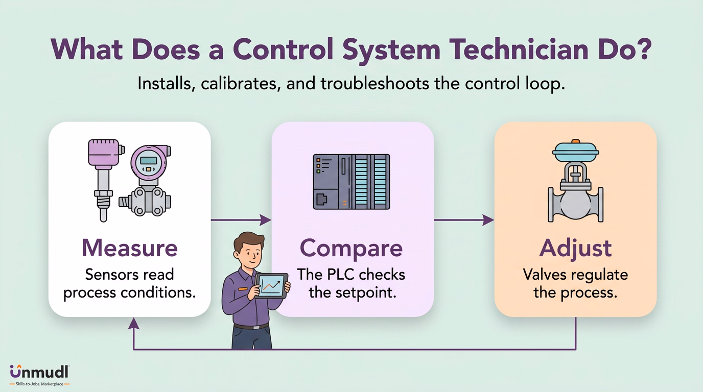 Control loop workflow: sensors measure process conditions, the PLC compares the setpoint, and valves adjust the process