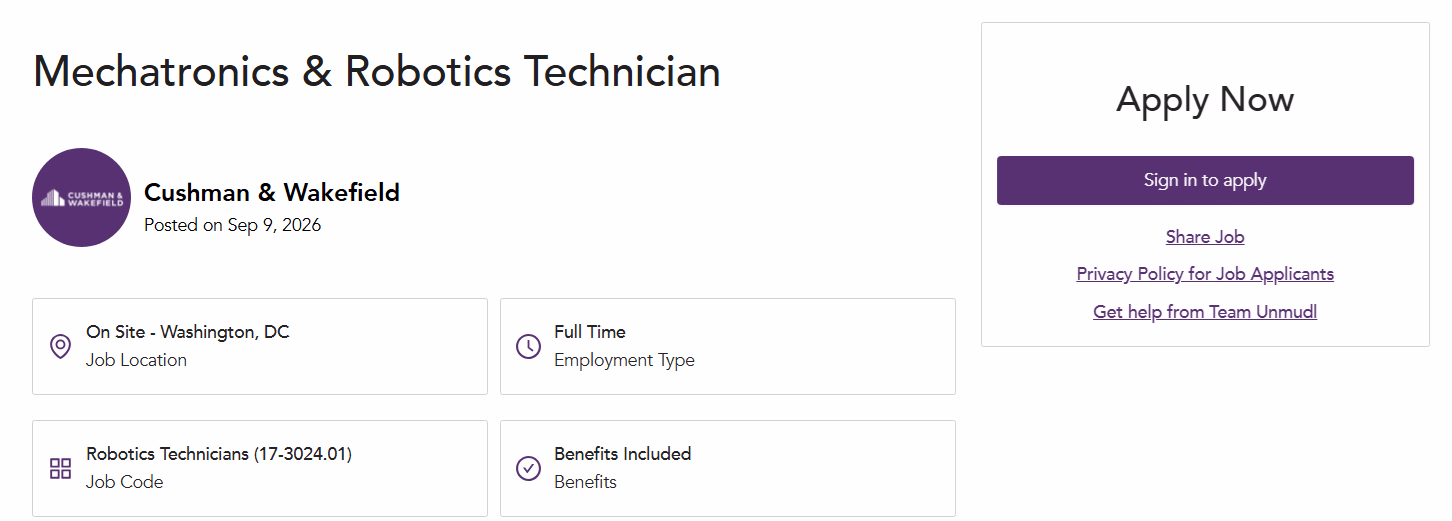 Mechatronics and Robotics Technician listing with an Apply Now panel on Unmudl