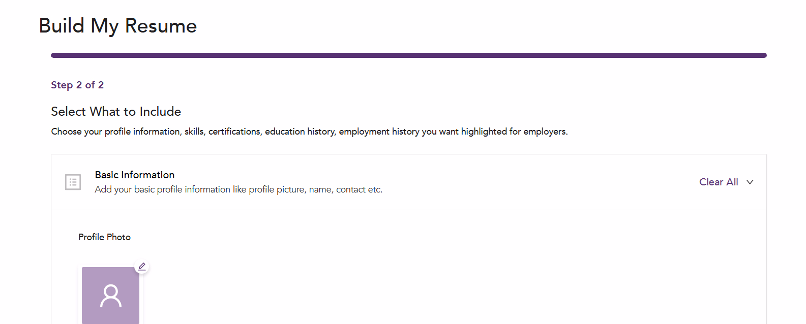 Selecting basic information and profile details in the Unmudl resume builder
