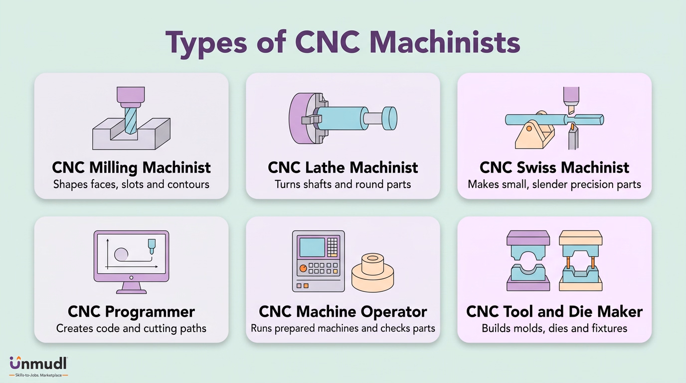 Six CNC machinist types: milling, lathe, Swiss, programmer, machine operator, and tool and die maker