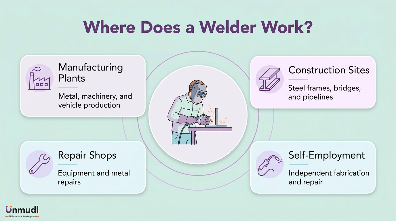 Welder work settings including manufacturing plants, construction sites, repair shops, shipyards and offshore environments
