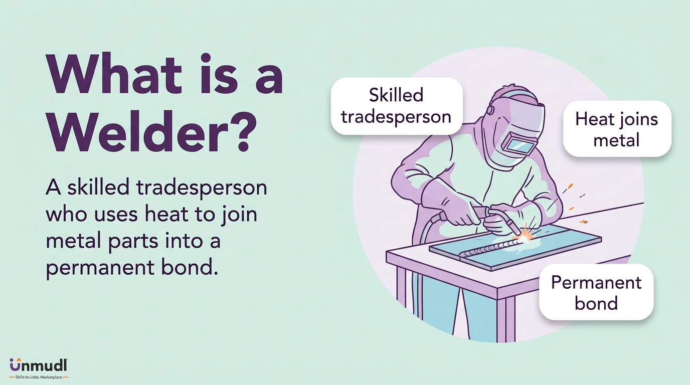 Welder using heat or pressure to join metal parts, with weld joints inspected for strength and quality