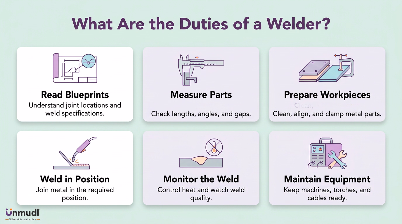 Welder duties: read blueprints, prepare metal, set equipment, weld joints, inspect welds and maintain equipment