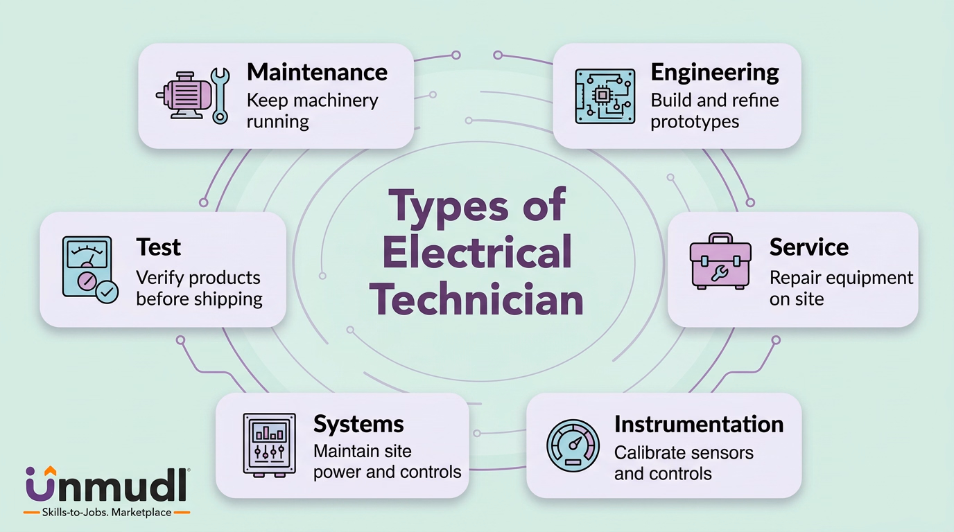 Six electrical technician specialties: maintenance, engineering, service, instrumentation, systems and testing