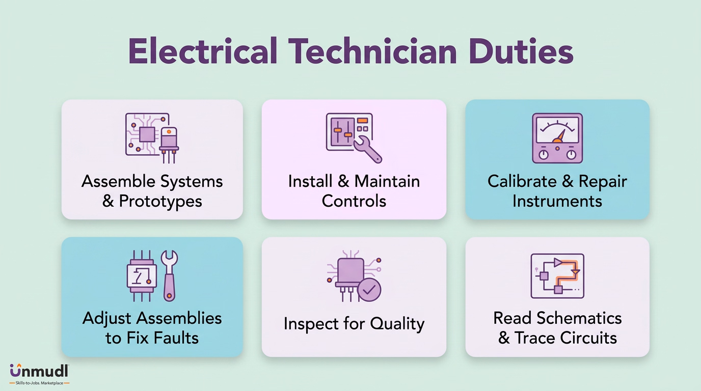 Electrical technician duties: assemble systems, maintain controls, calibrate instruments, correct faults, inspect quality and trace circuits