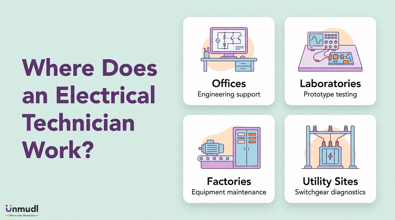 Electrical technician work settings: offices, laboratories, factories and utility sites