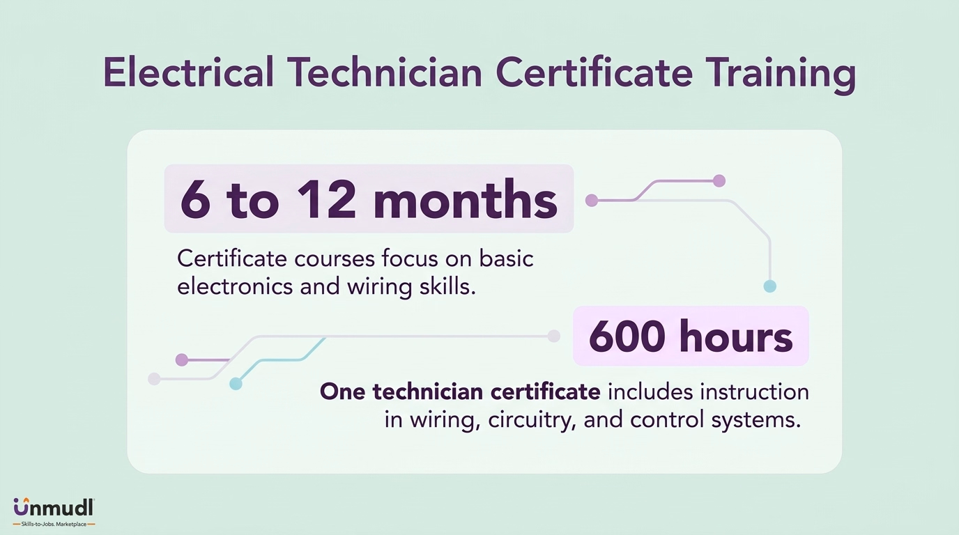 Electrical technician certificate training showing a six-to-twelve-month route and a 600-hour program example