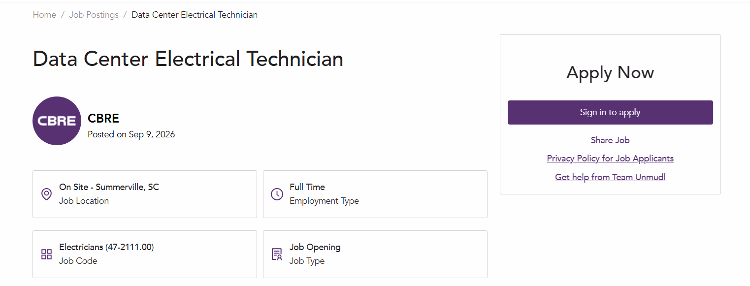Data Center Electrical Technician listing with the Apply Now panel on Unmudl