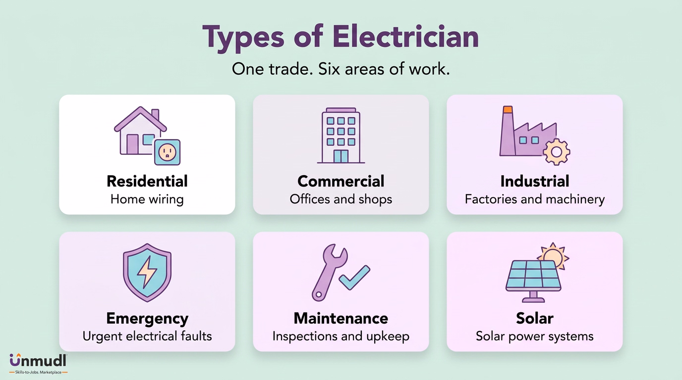 Six electrician specialties: residential, commercial, industrial, emergency, maintenance and solar